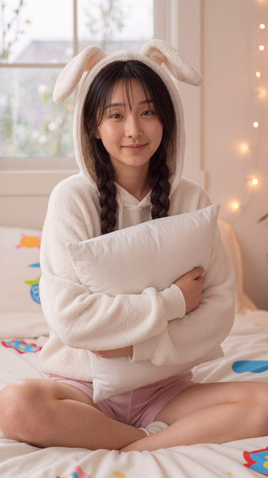 Linh An holding a pillow in a cozy room